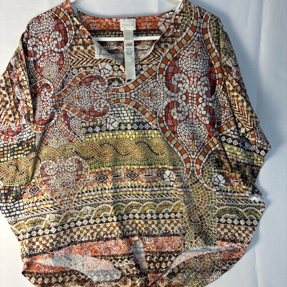 Chicos Geometric Top Shirt Sz 0Mosaic Rhinestone Butterfly Sleeve Pullover 1060